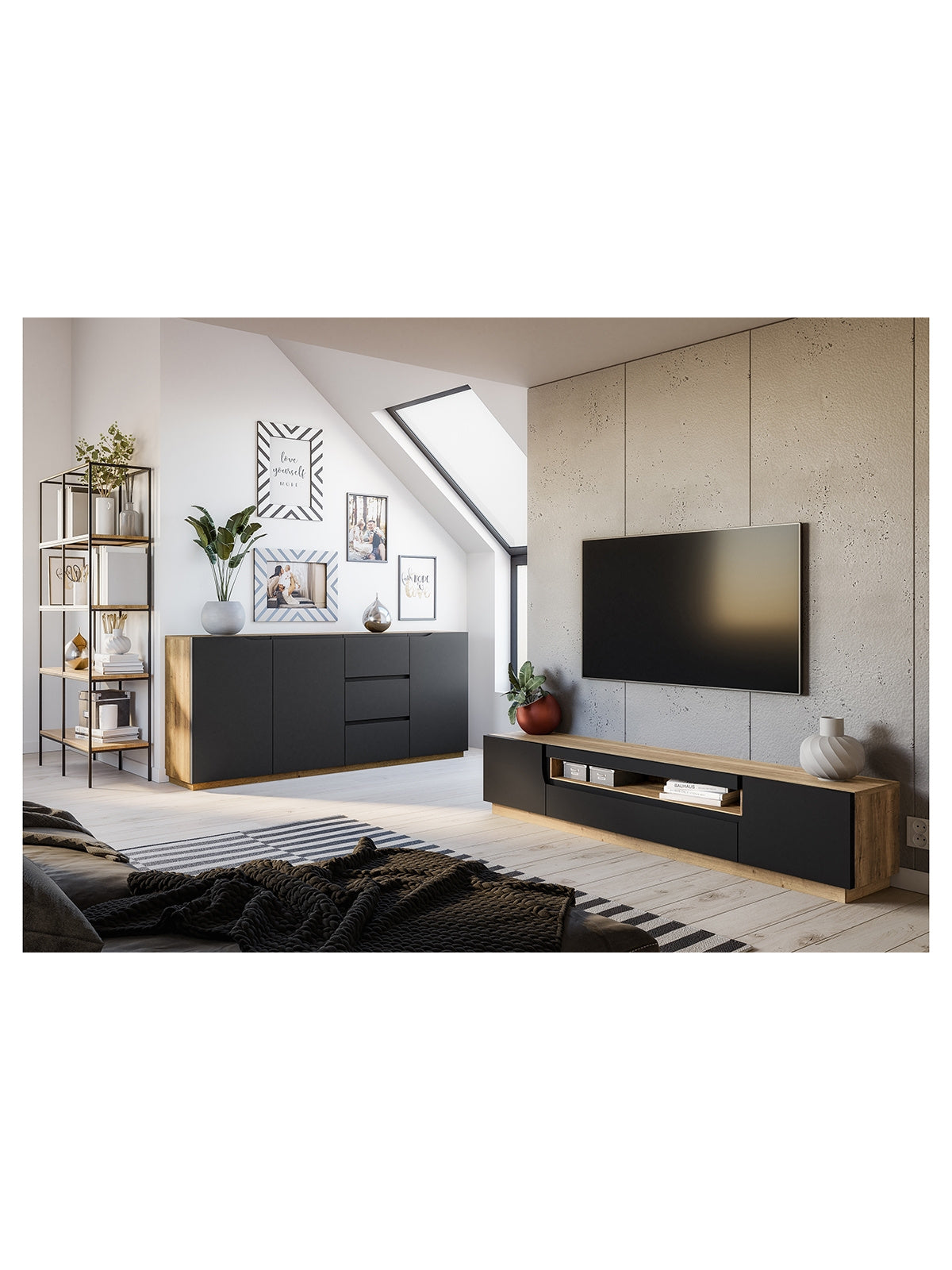 Comodă TV Loftia 200 cm cu două uși și nișă, negru mat, corp fag artisan