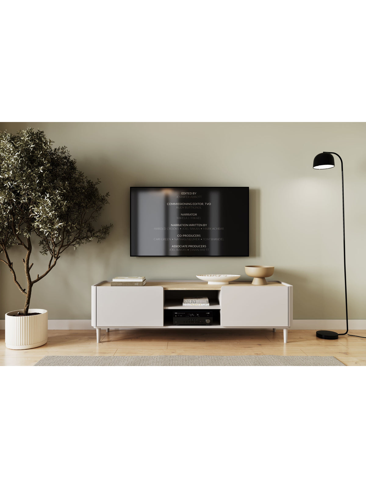Comodă RTV Elivo 170 cm culoare casmir cu blat stejar oleiat, front lis