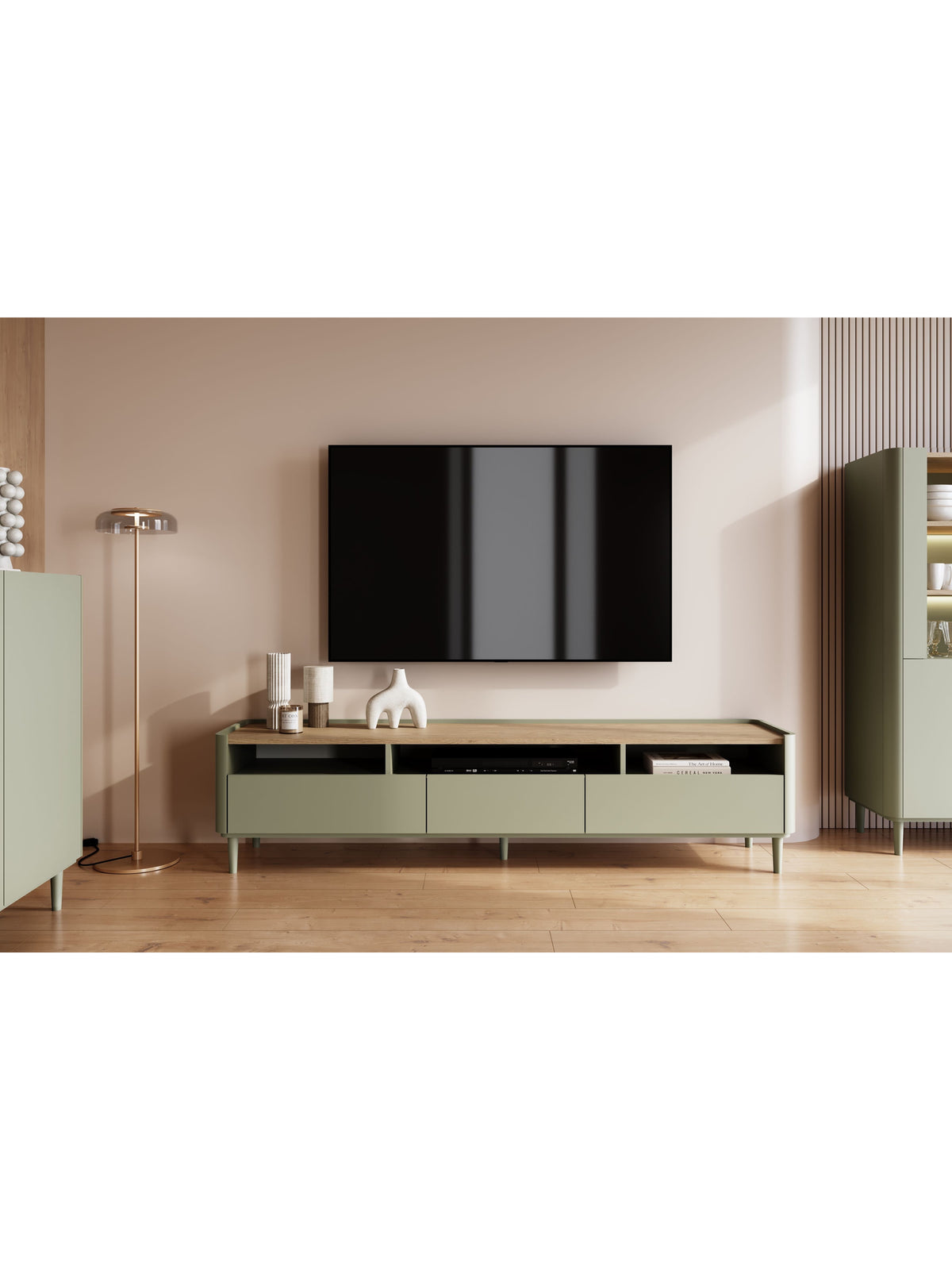 Comodă TV Elivo 200 cm cu picioare eucalyptus și blat stejar baltic dune