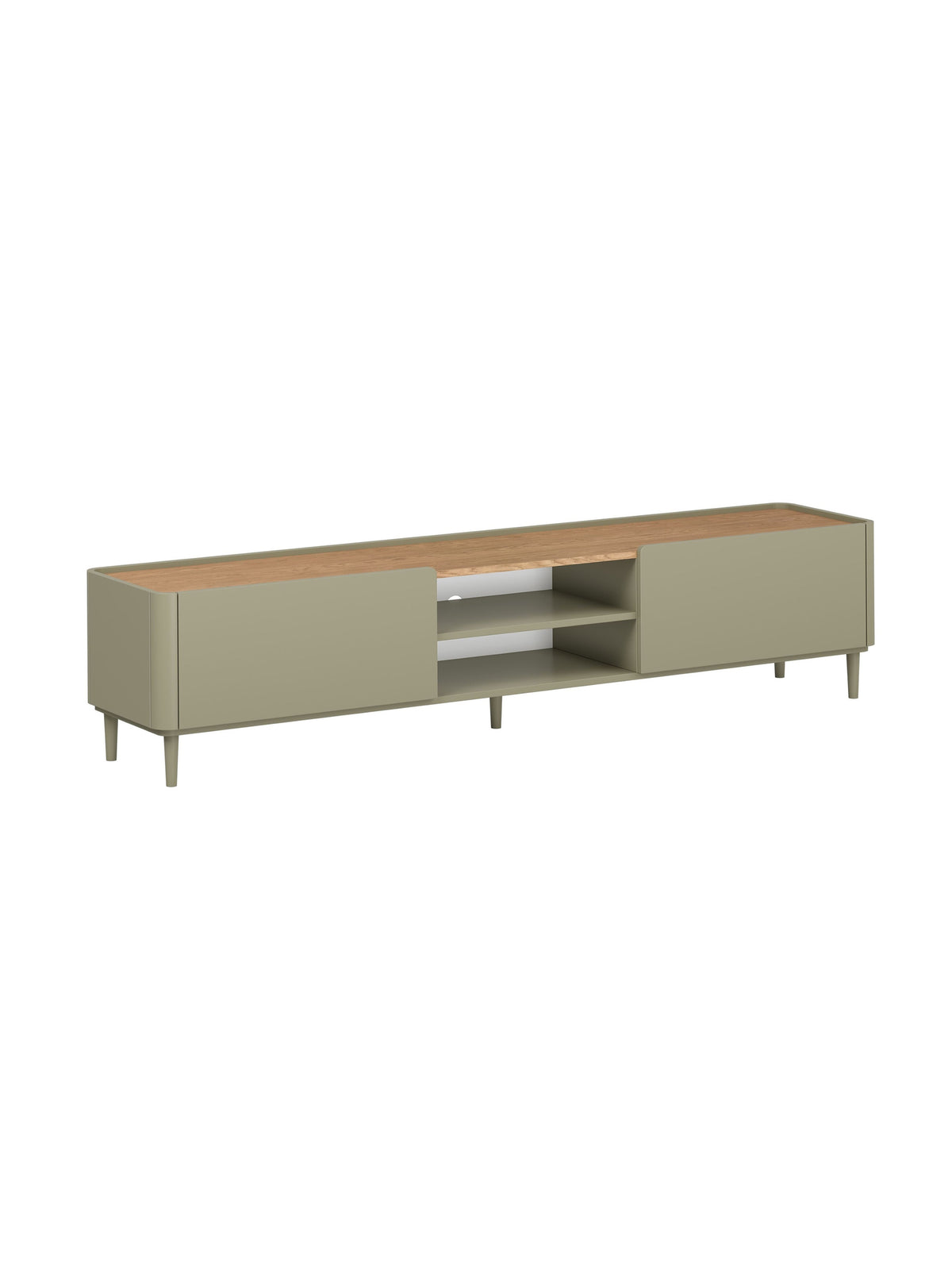 Comodă TV Elivo 220 cm cu piciorușe, eucalyptus și blat stejar baltic dune