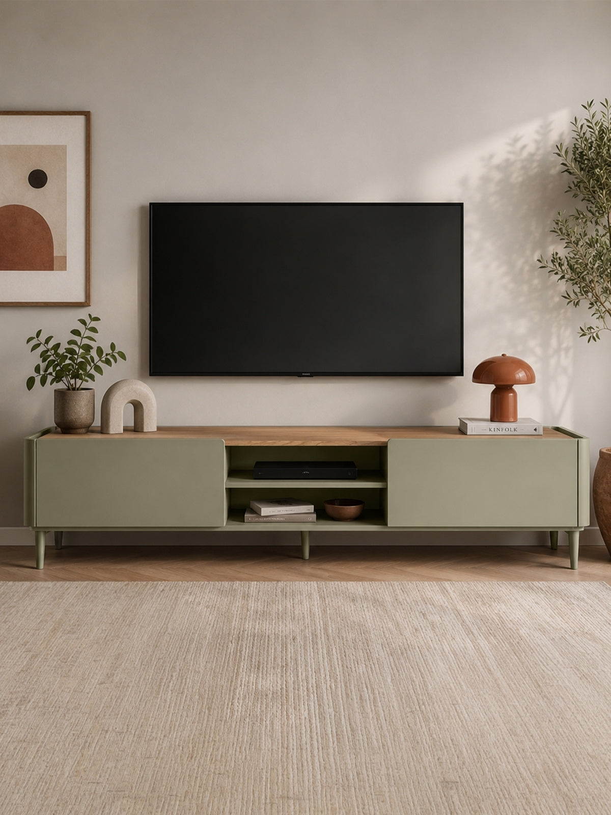 Szafka RTV Elivo 220 cm na nóżkach w kolorze eukaliptus z blatem dąb baltic dune