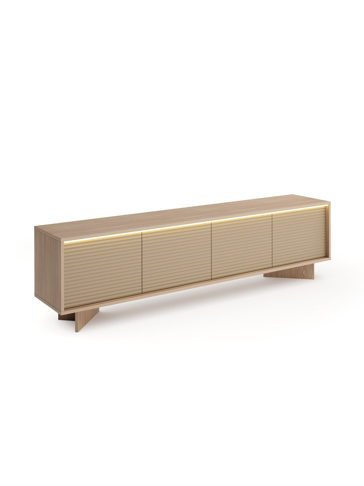 Comodă TV Erini 204 cm cu patru uși striate, front cappuccino și corp bolivar natural