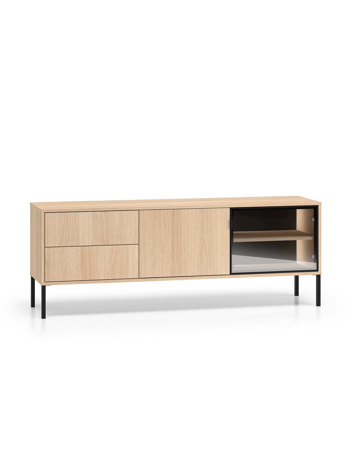 Comodă RTV Harmona 160 cm cu sertare și iluminare LED, față stejar lindberg, picioare negre