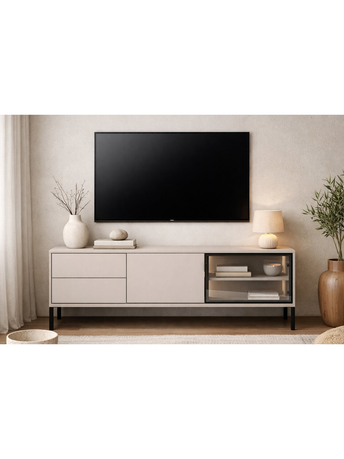Comodă TV Harmona 160 cm kasmir cu sertare, front de sticlă și iluminare LED
