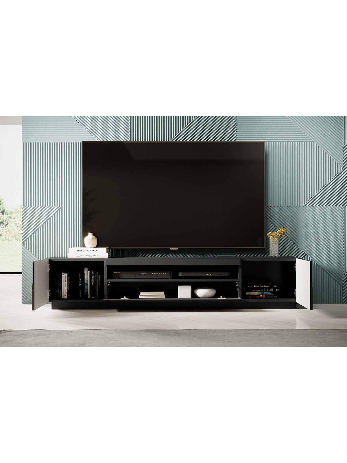 Comodă TV Loftia 200 cm negru mat cu două uși și nișă