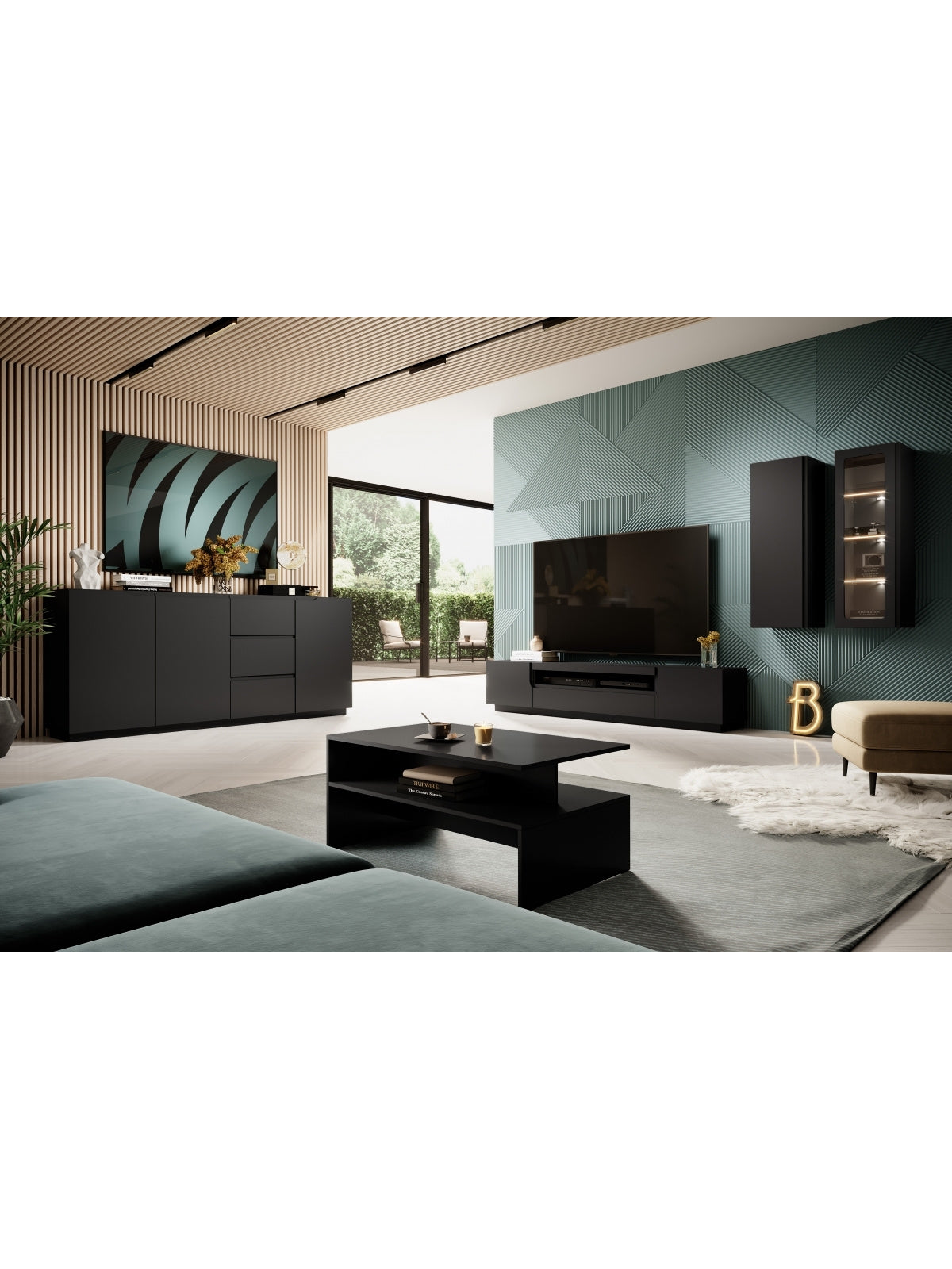 Comodă TV Loftia 200 cm negru mat, cu două uși și nișă într-un living modern