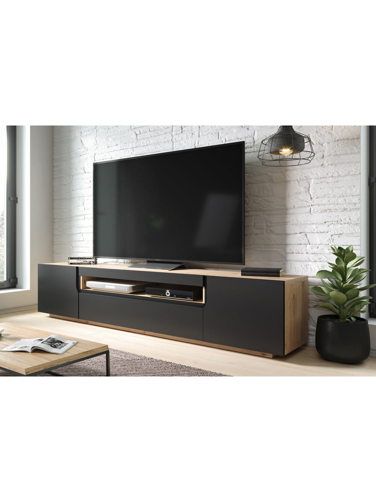 Comodă TV Loftia 200 cm cu două uși și sertar negru mat și stejar artisan