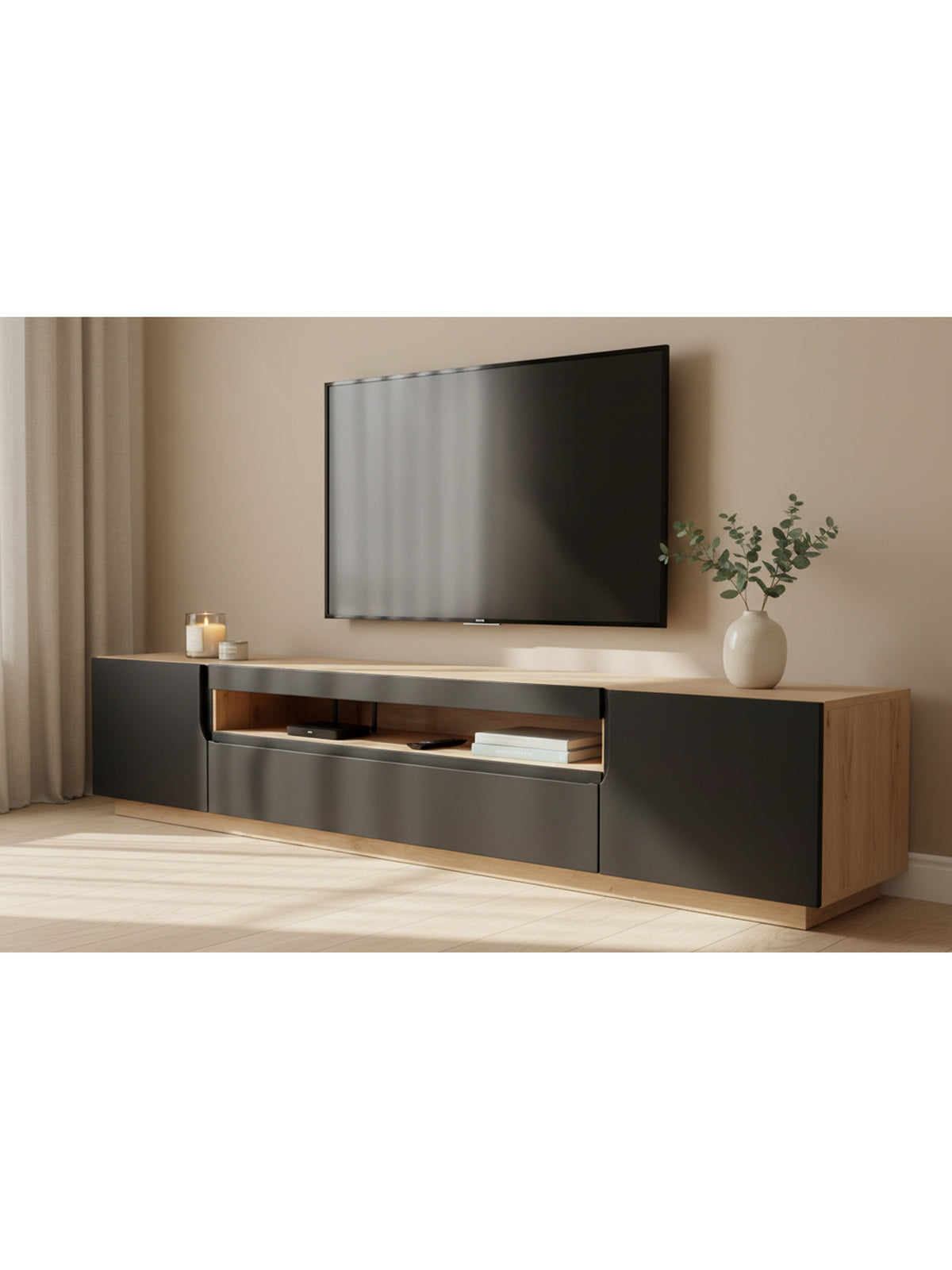 Comodă TV Loftia 200 cm două uși cu nișă, negru mat și corp lemn artisan