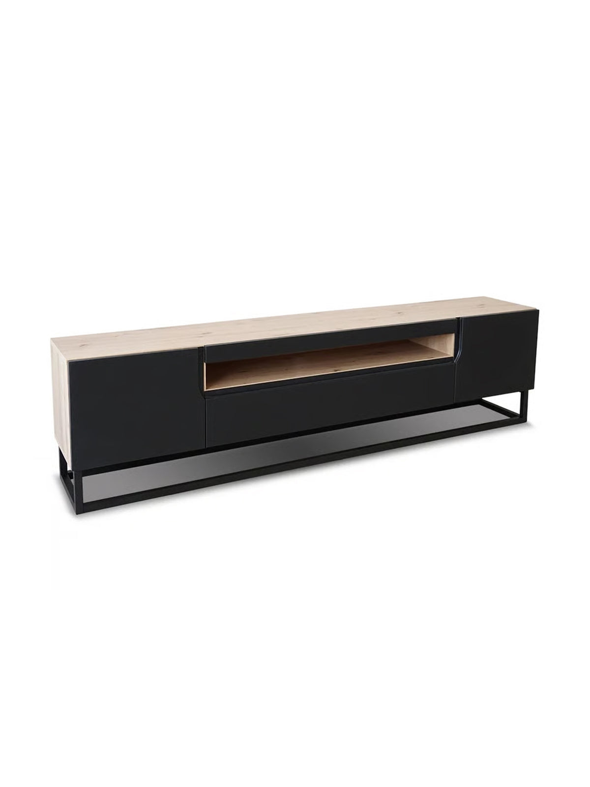 Comodă TV Loftia 200 cm cu nișă negru mat și cadru metalic artisan