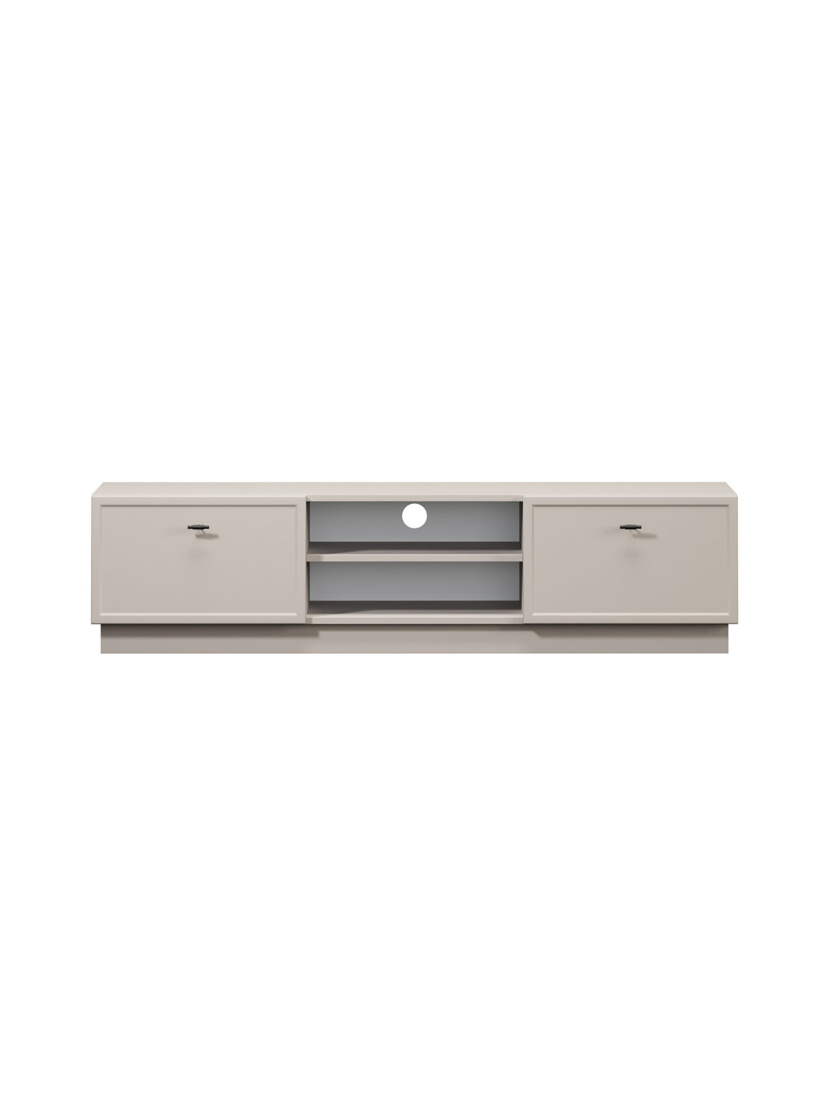 Comodă TV Lorini 150 cm casmir cu mânere negre T-bar, front neted, două sertare
