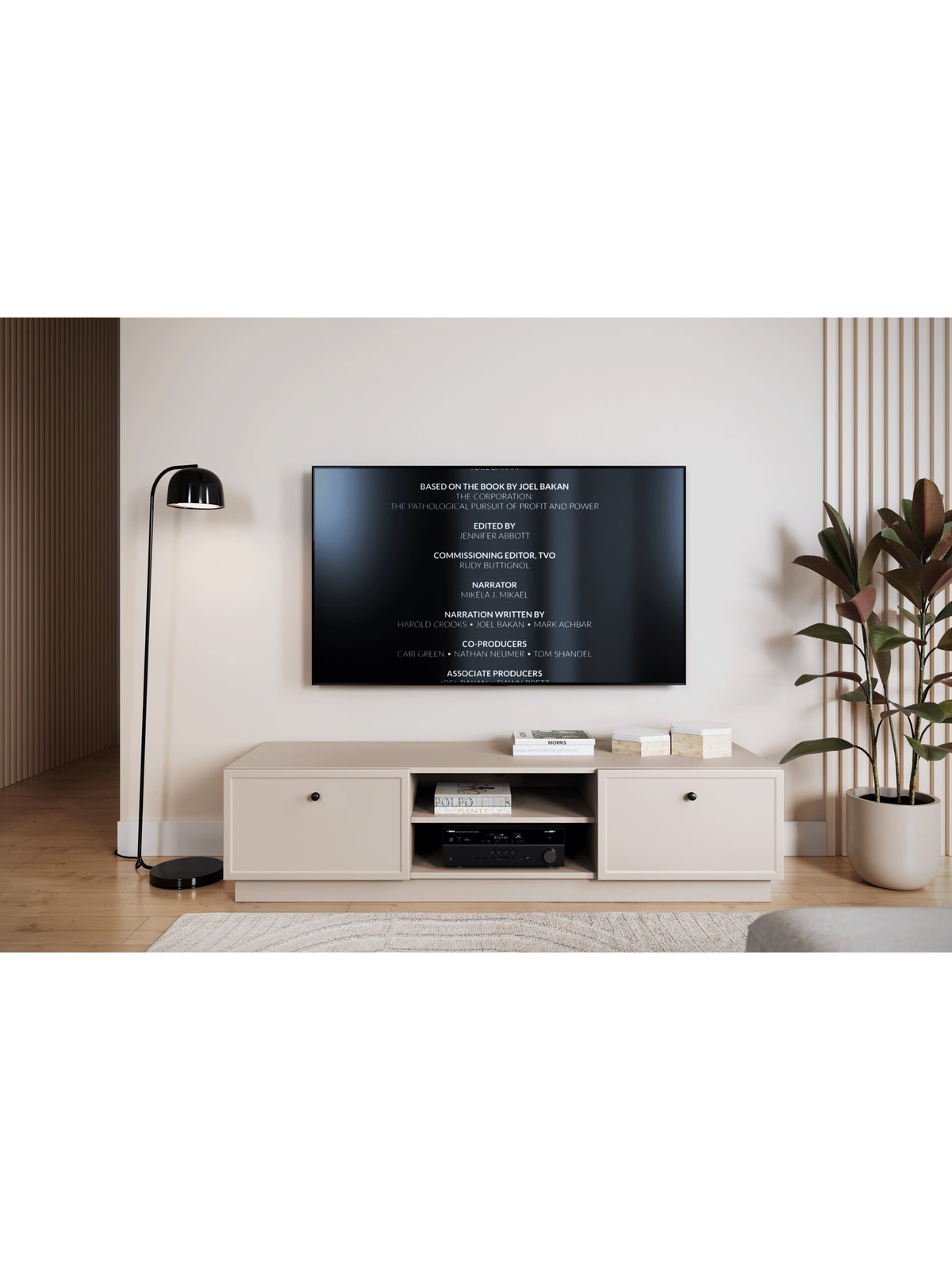 Comodă RTV Lorini 150 cm casmir cu mânere negre și două sertare