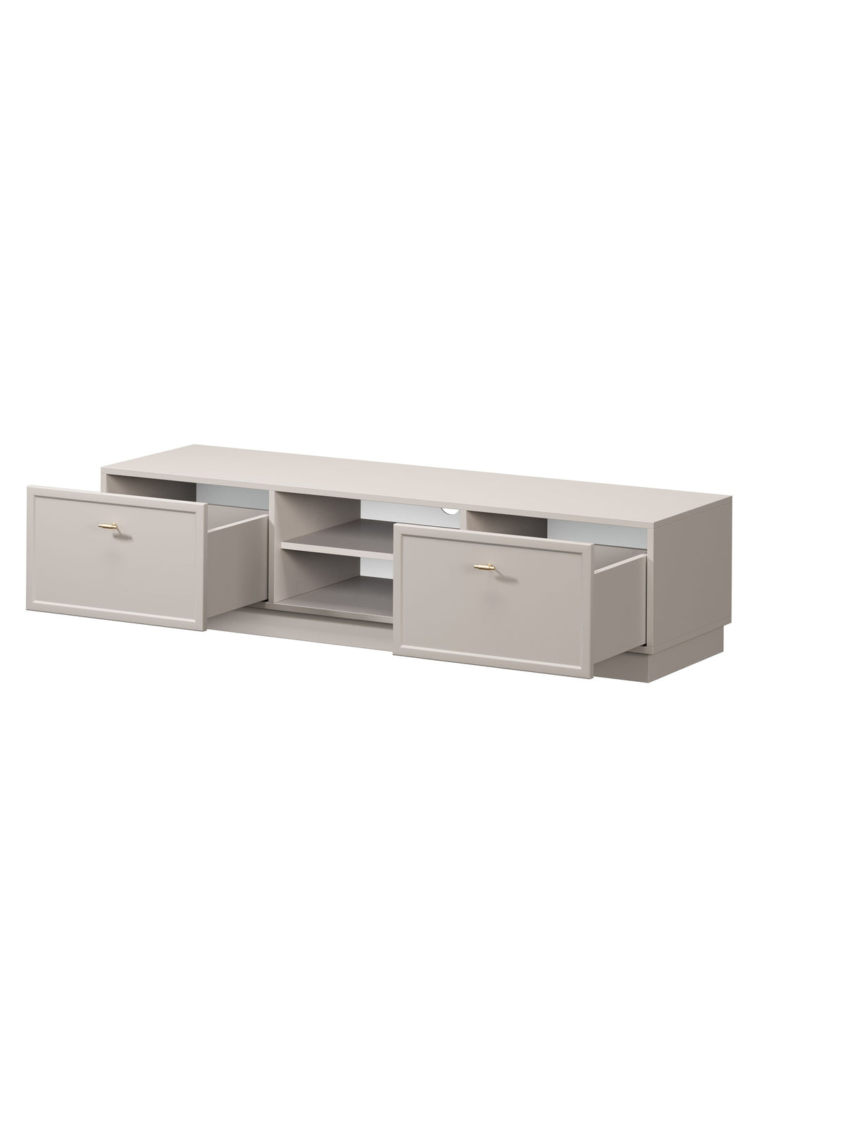 Comodă TV Lorini 150 cm casmir cu două sertare și mânere aurii T-bar