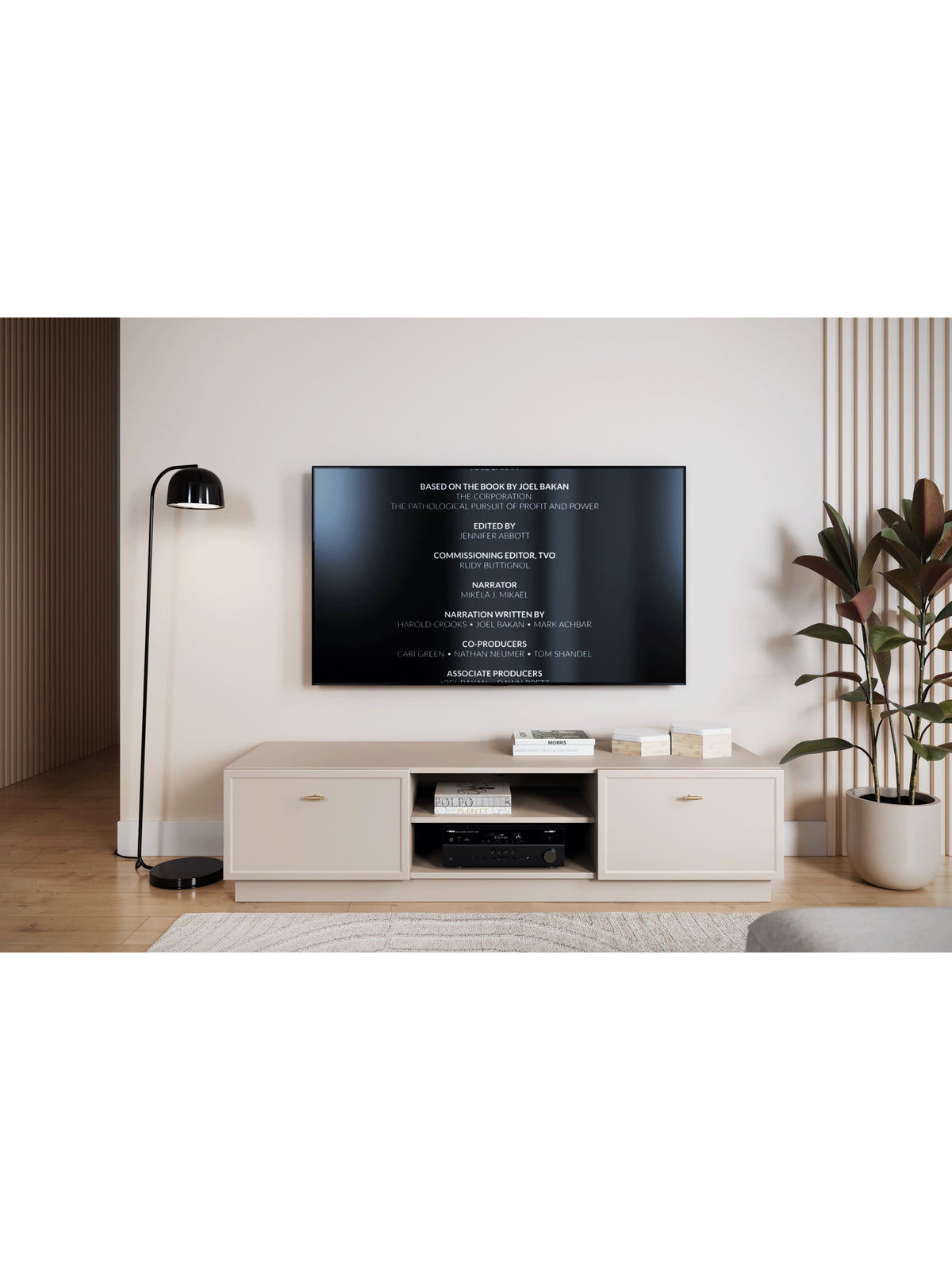 Comodă RTV Lorini 150 cm kasmir cu două sertare și mânere aurii T-bar