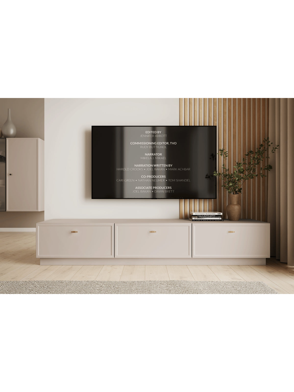 Comodă TV Lorini 200 cm culoare casmir cu două sertare și mânere aurii T-bar