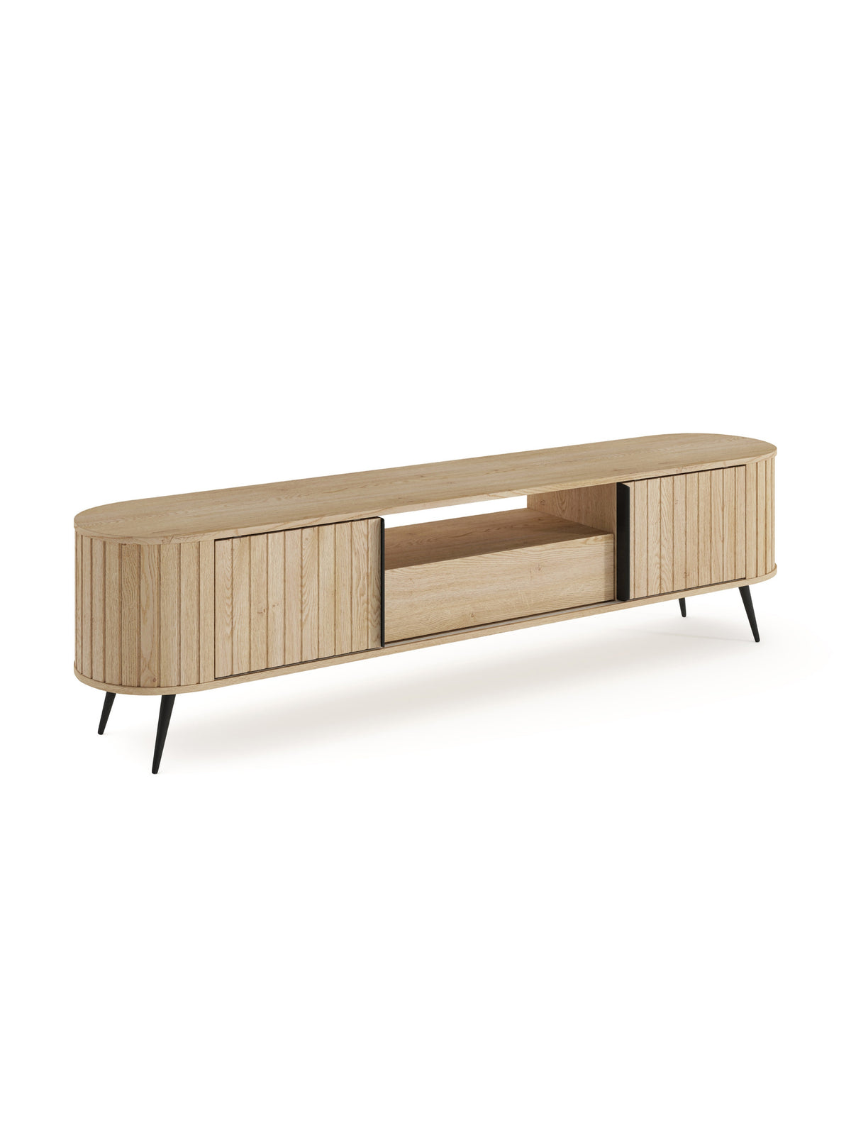 Comodă TV Luvio 196 cm cu sertar, front canelat dąb cremona, picioare negre