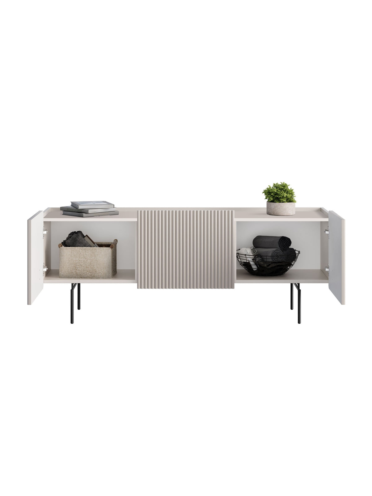 Comodă RTV Malmi 150 cm cashmere cu faţă striată și piciorușe negre, vedere frontală