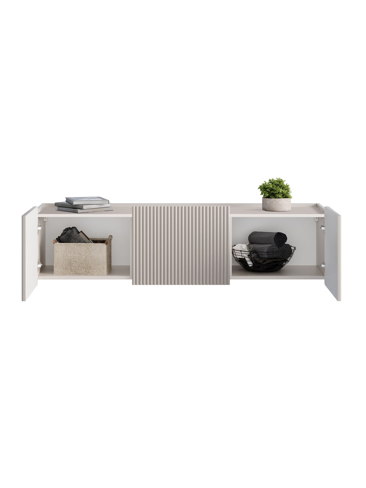 Comodă TV Malmi 150 cm suspendată, casmir, față cu model canelat, mânere negre