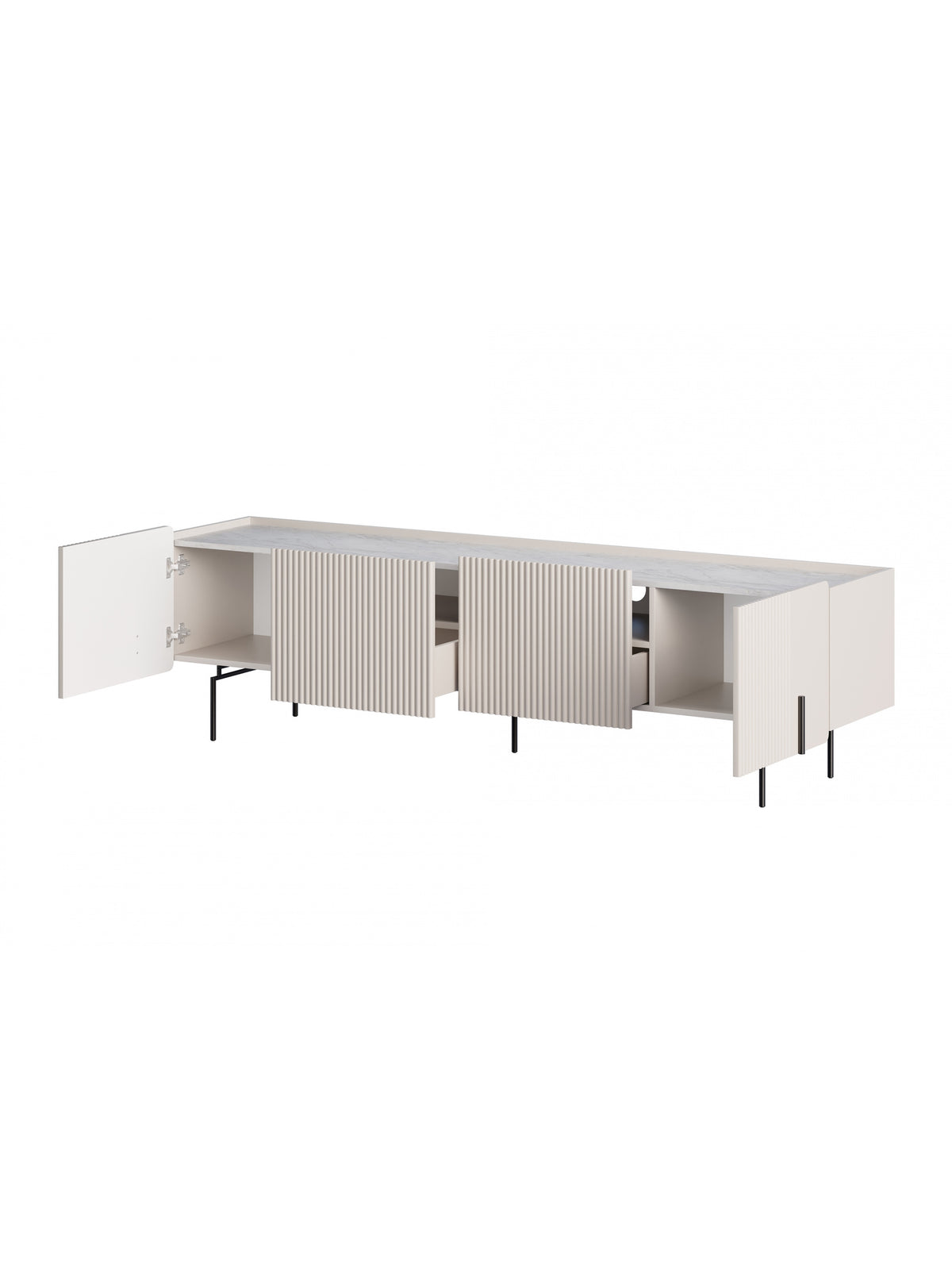 Comodă TV Malmi 200 cm culoare casmir cu blat crema bianca și picioare negre, front striat, uși deschise