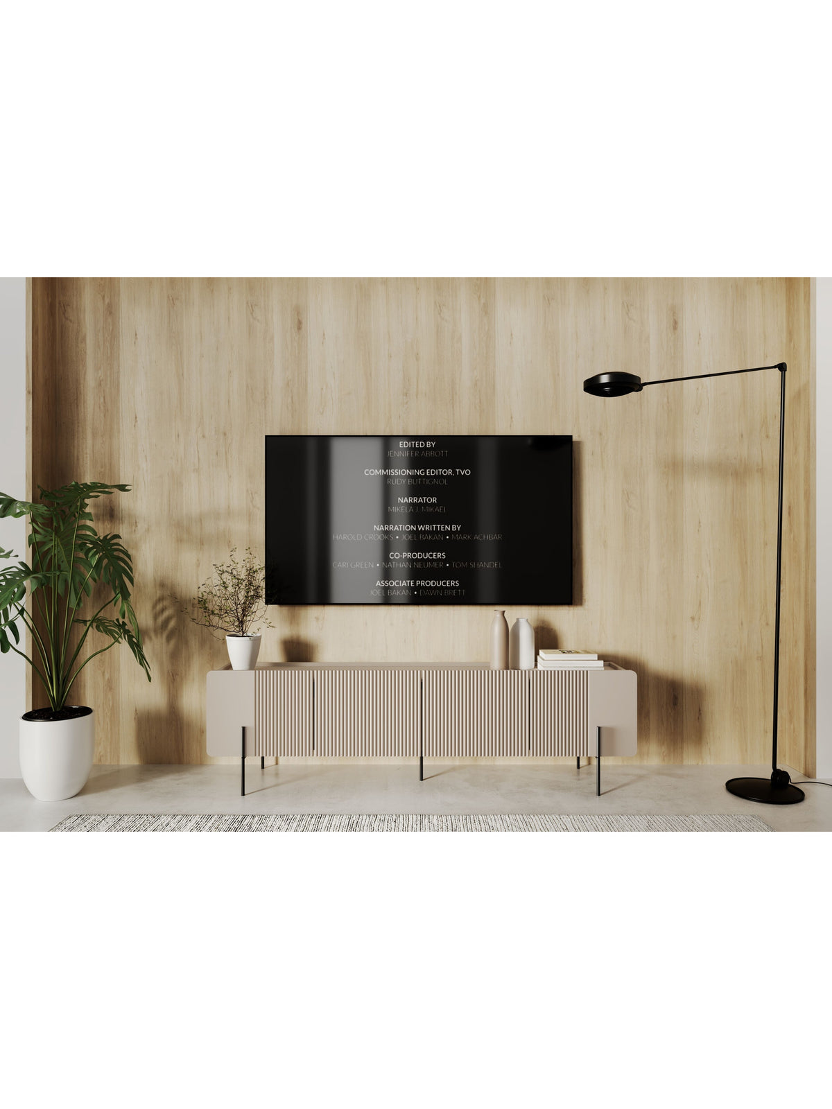 Comodă RTV Malmi 200 cm casmir mat cu picioare metalice negre și front canelat