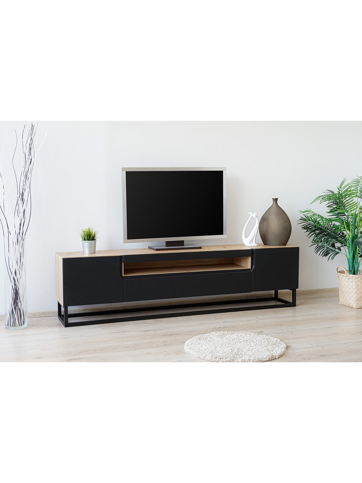 Comodă TV Loftia 200 cm cu front negru mat nervurat și corp artisan stejar