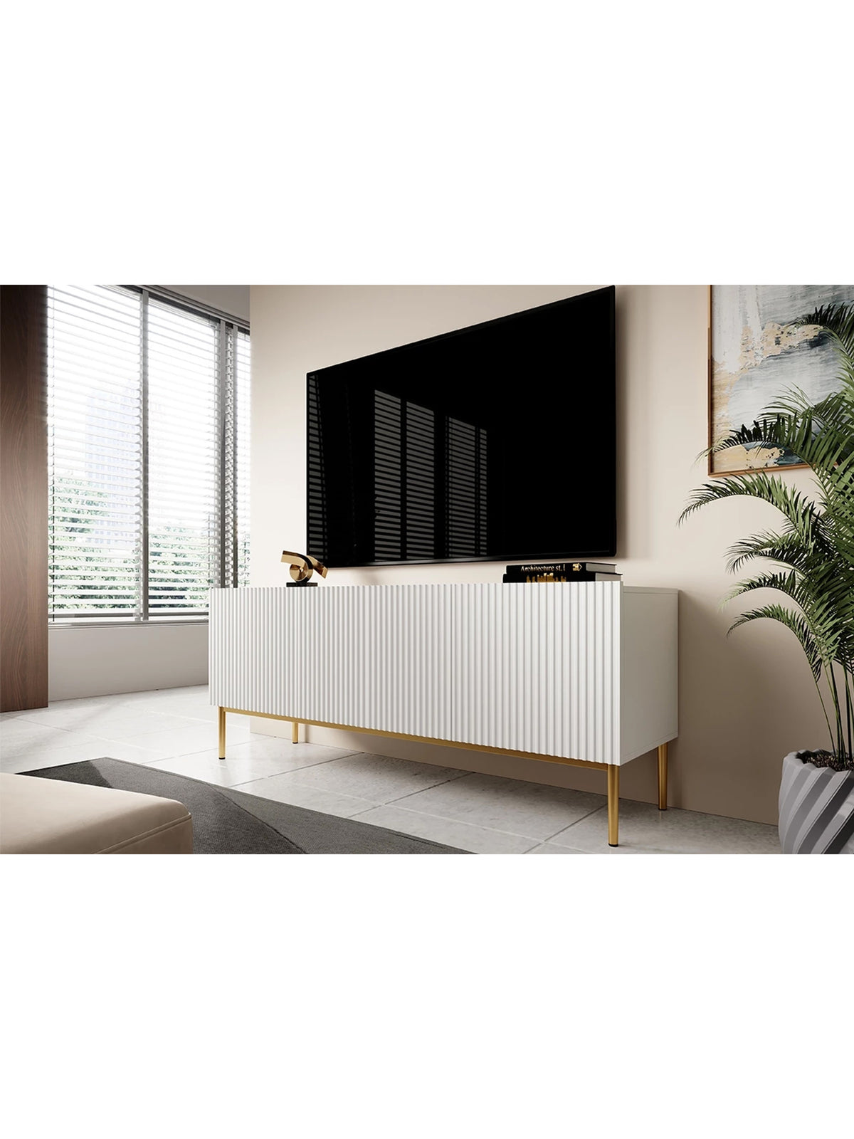 Dulap TV Nicole 150 cm pe soclu de metal cu sertar - alb mat / picioare aurii