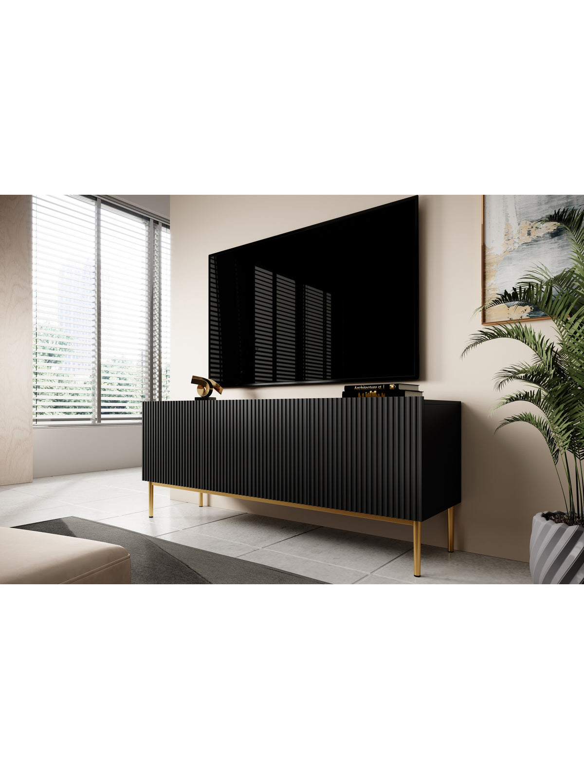 Dulap TV Nicole 150 cm pe soclu de metal cu sertar - negru mat / zlote nozki