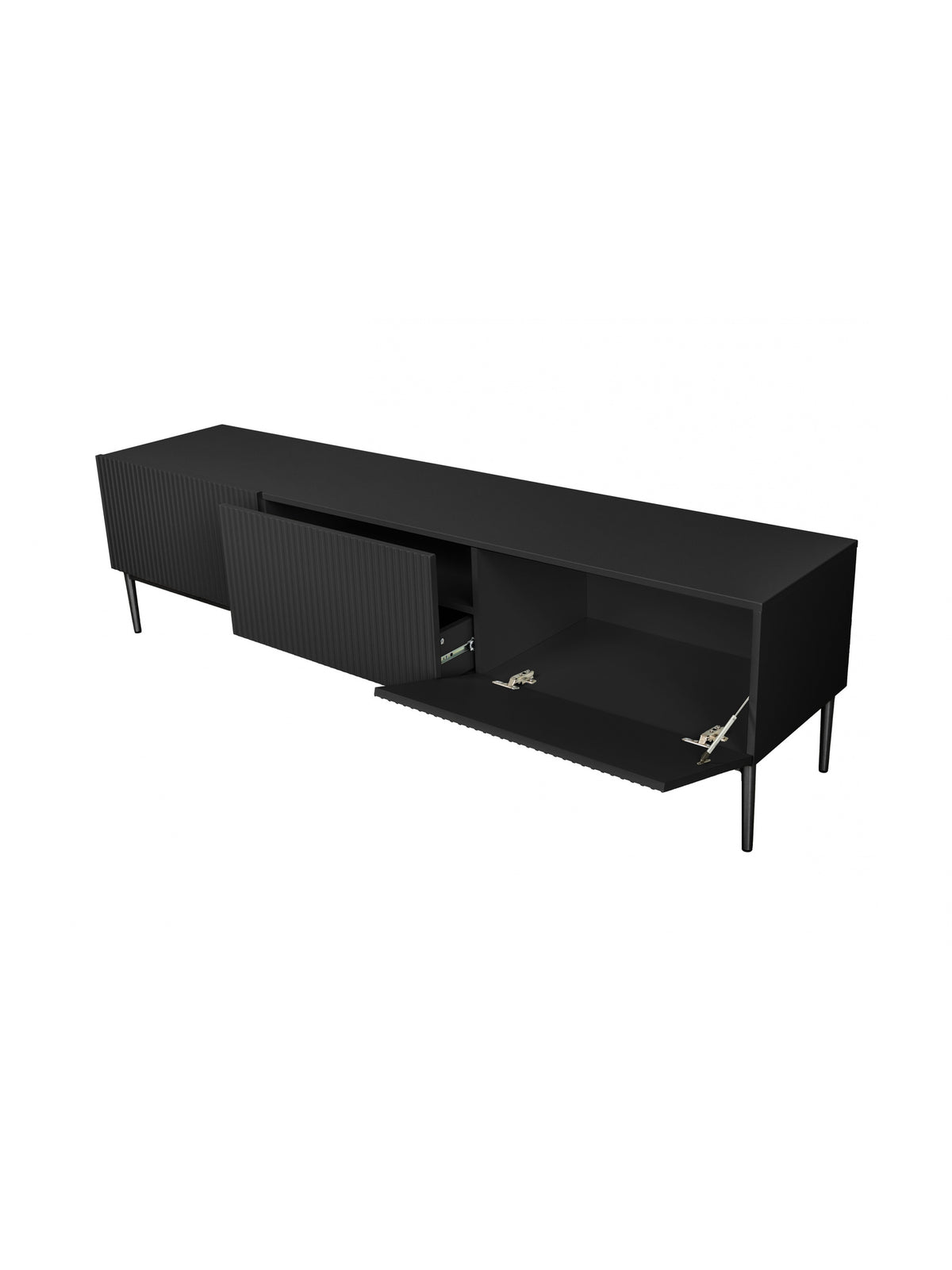 Comodă RTV Nicole 200 cm negru mat cu picioare metalice și sertar, ușă deschisă