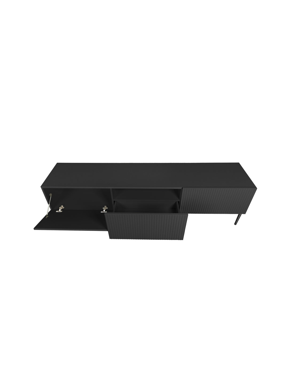 Comodă TV Nicole 200 cm negru mat cu picioare metalice, un sertar și front canelat