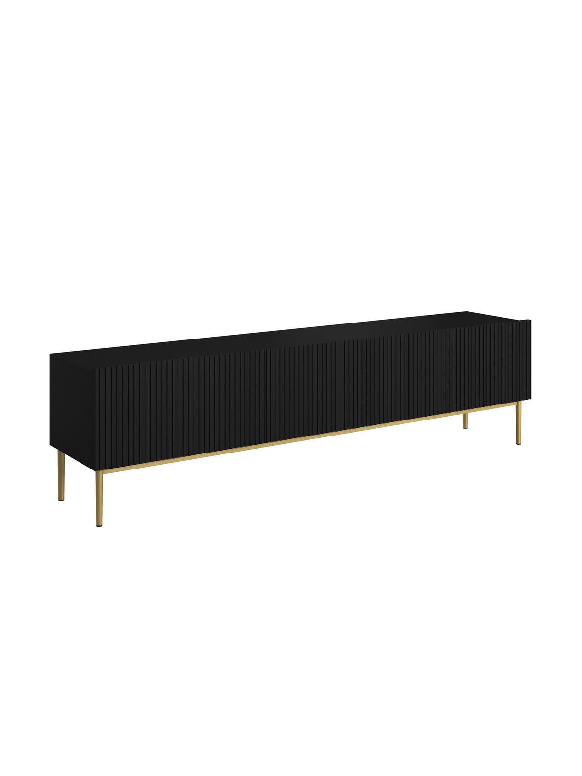 Dulap TV Nicole 200 cm negru mat cu front striat și picioare metalice aurii