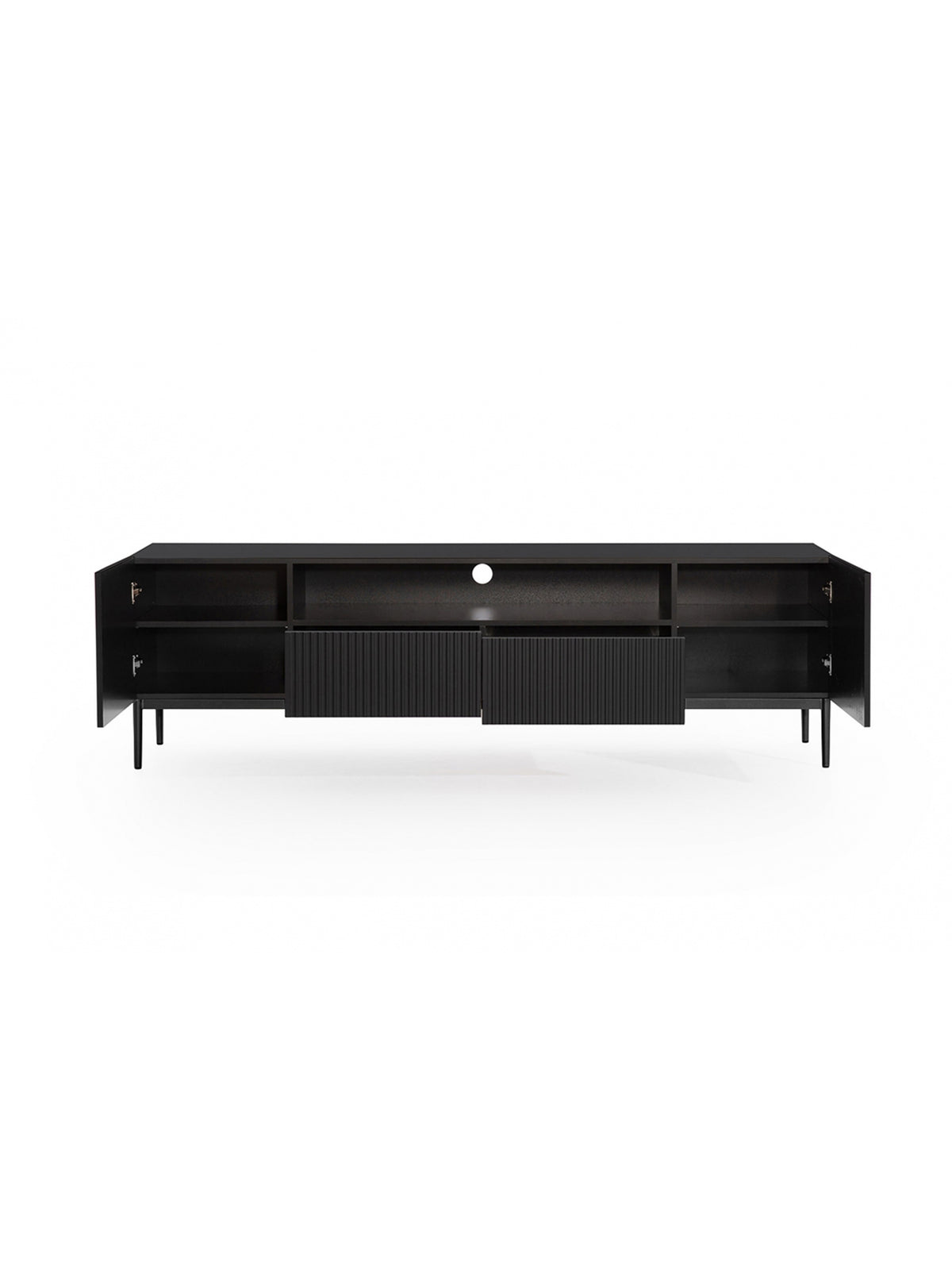 Comodă RTV Nicole 200 cm negru mat cu nișă și două sertare, picioare metalice