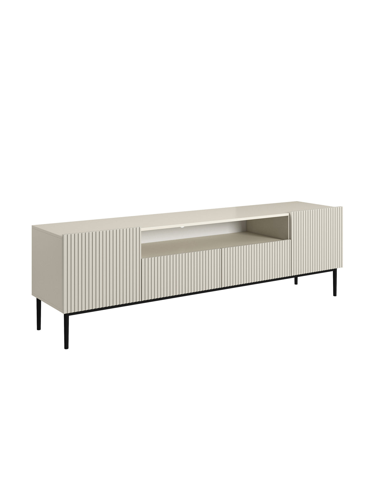 Comodă TV Nicole 200 cm cashmere cu picioare metalice negre, front striat, nișă și sertare
