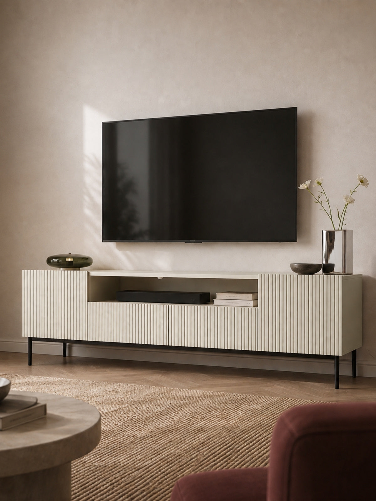 Comodă TV Nicole 200 cm cashmere cu picioare metalice negre și nișă