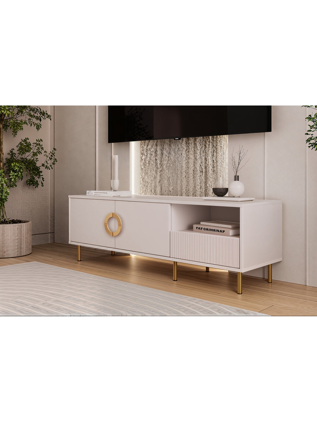 Comodă TV Nubo 150 cm culoare cashmere cu picioare și mânere aurii, vedere frontală
