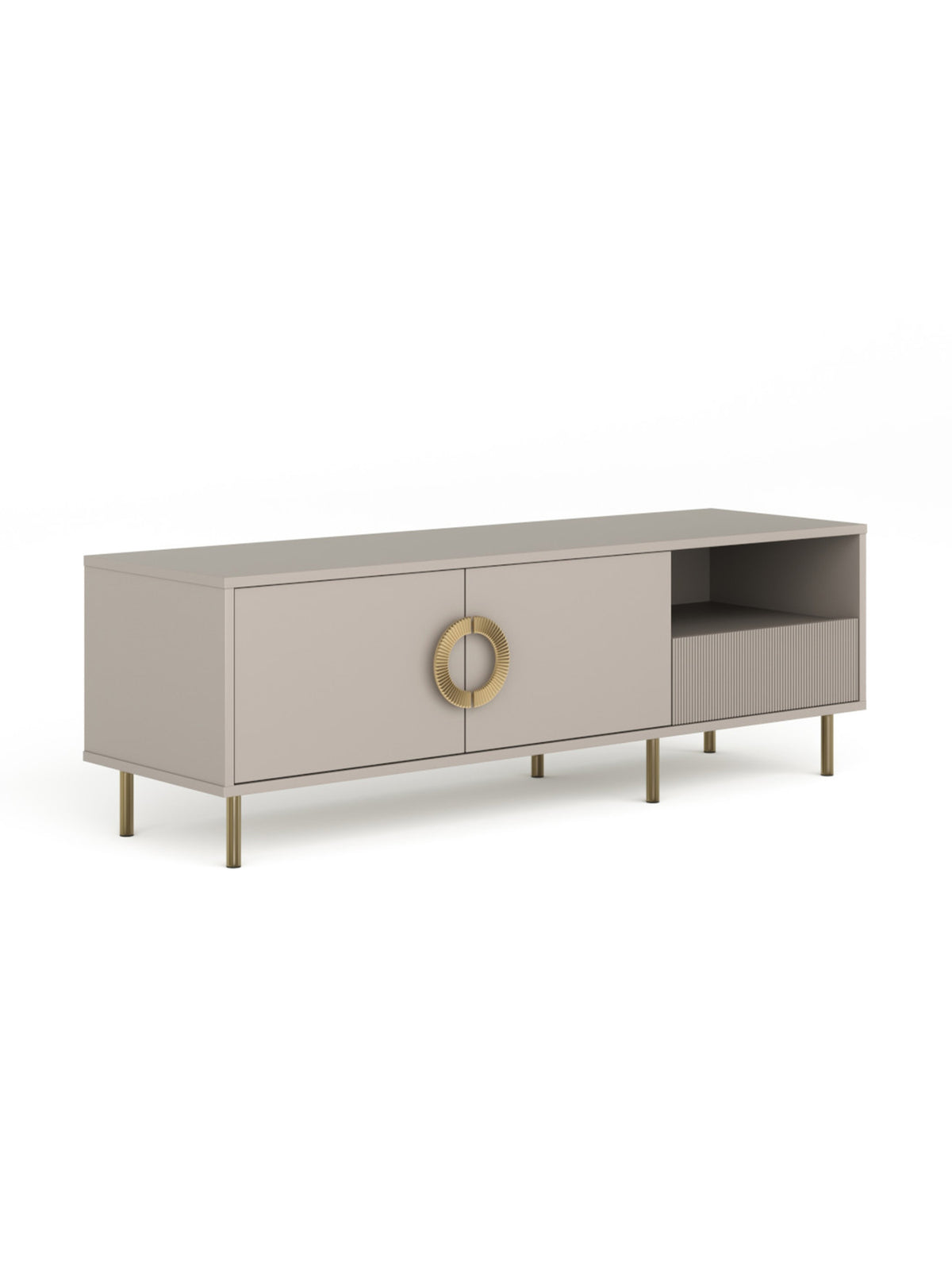 Comodă TV Nubo 150 cm casmir cu 1 sertar, 2 uși și picioare aurii