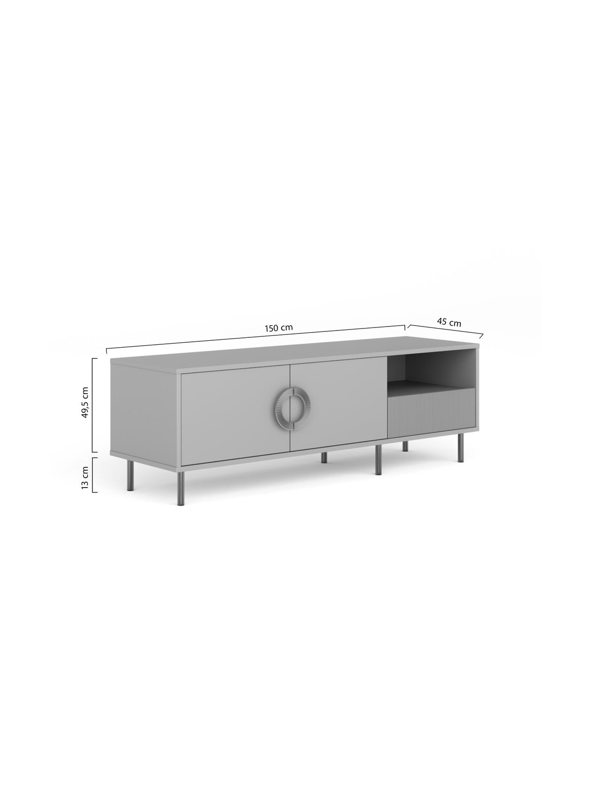 Comodă TV Nubo 150 cm casmir cu picioare și mânere aurii, cu sertar și uși