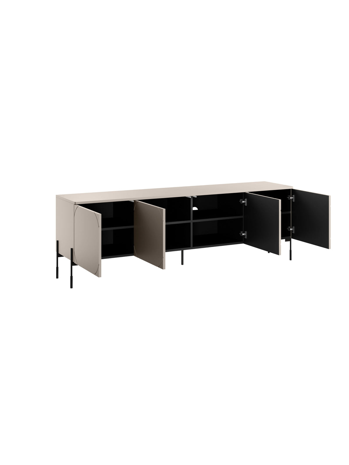 Comodă TV Sonatia 200 cm cu patru uși, culoare cașmir, picioare negre metalice, rafturi în interior