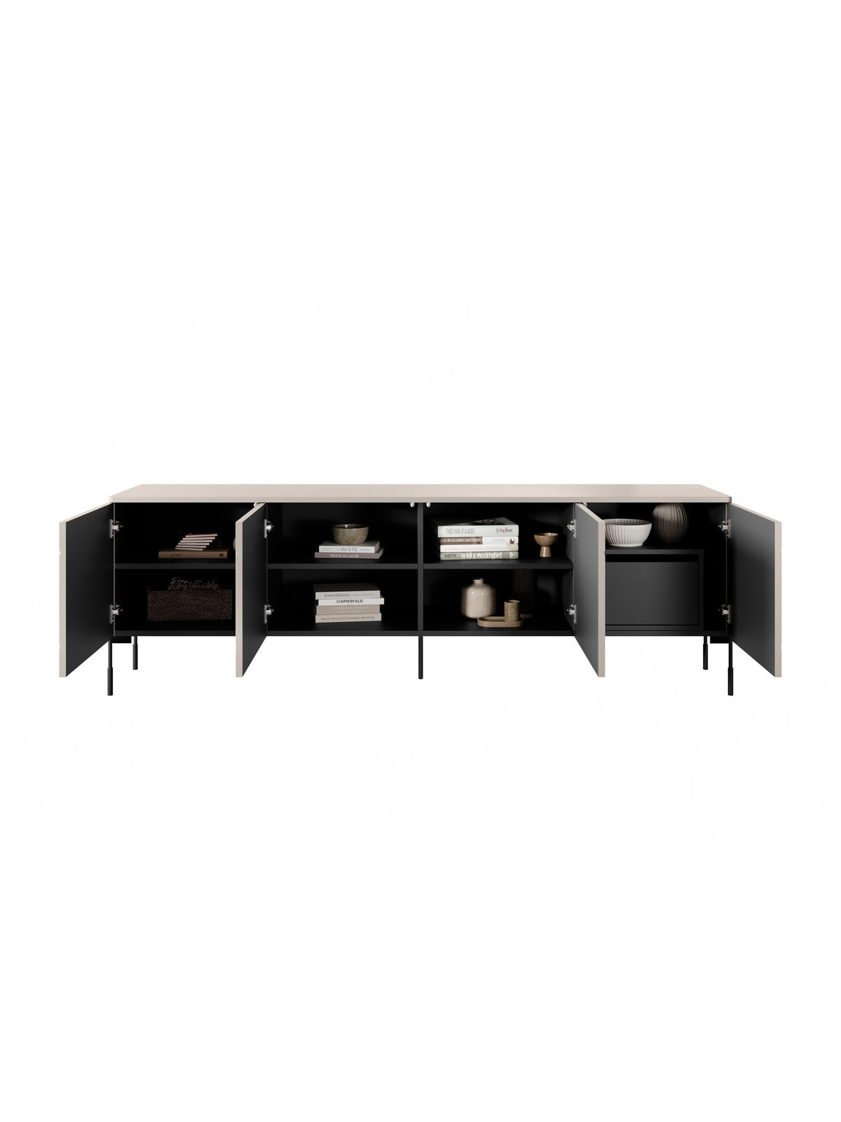 Comodă TV Sonatia 200 cm cu patru uși, culoare cashmere pe picioare metalice, vedere interior