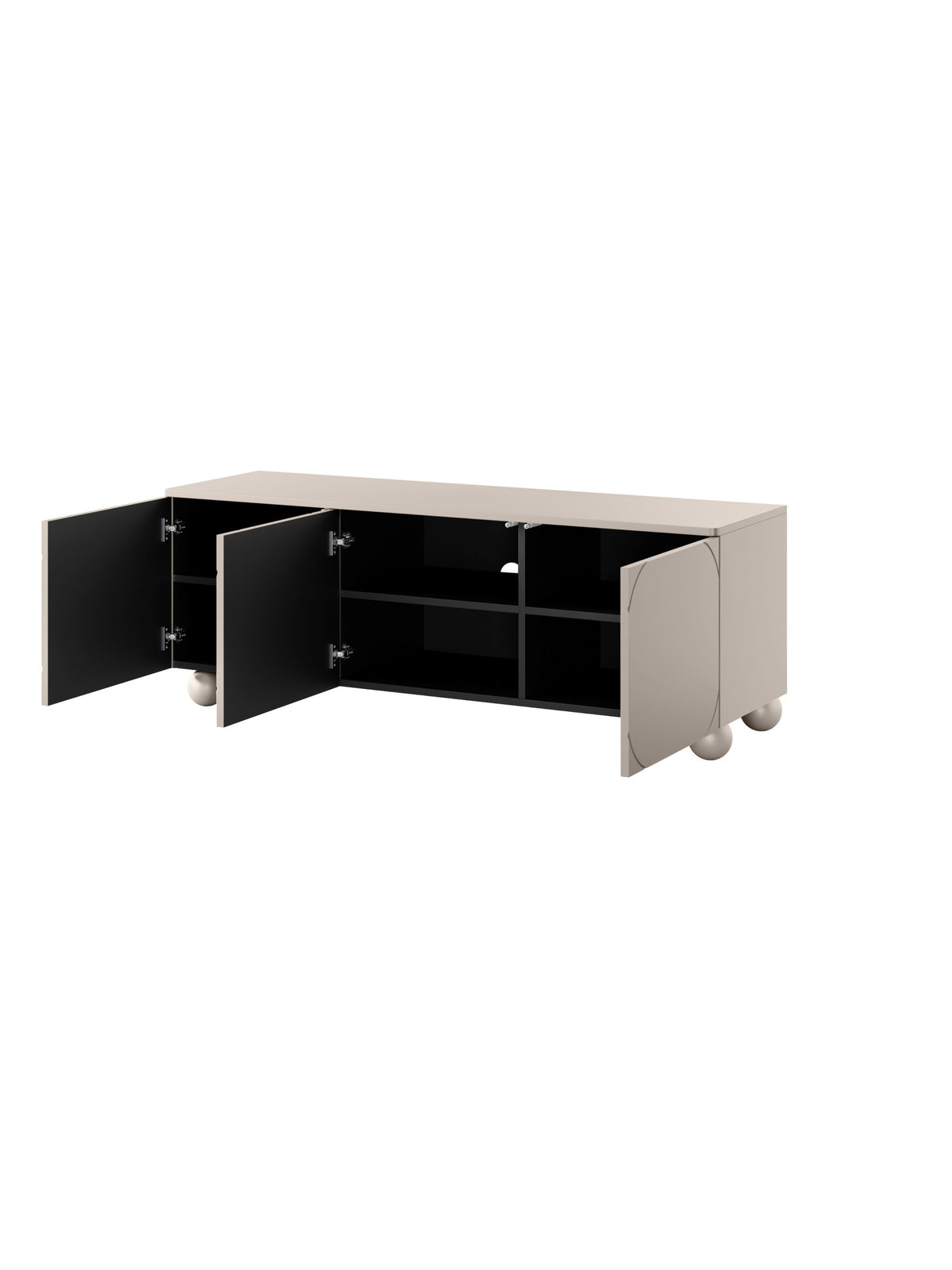 Comoda TV Sonatia II 150 cm trei uși culoare cashmere cu picioare rotunde vedere interior