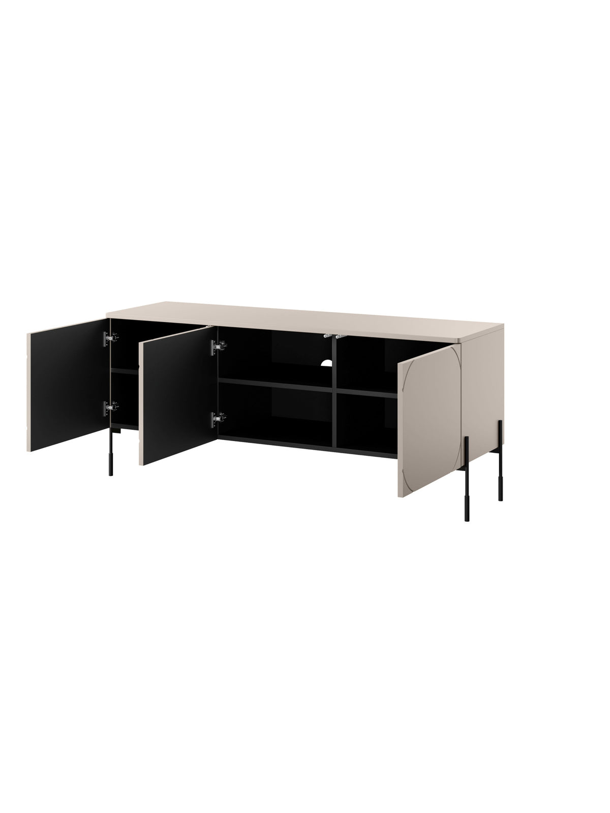 Comodă TV Sonatia cu trei uși, culoare cashmere, picioare metalice negre, deschisă