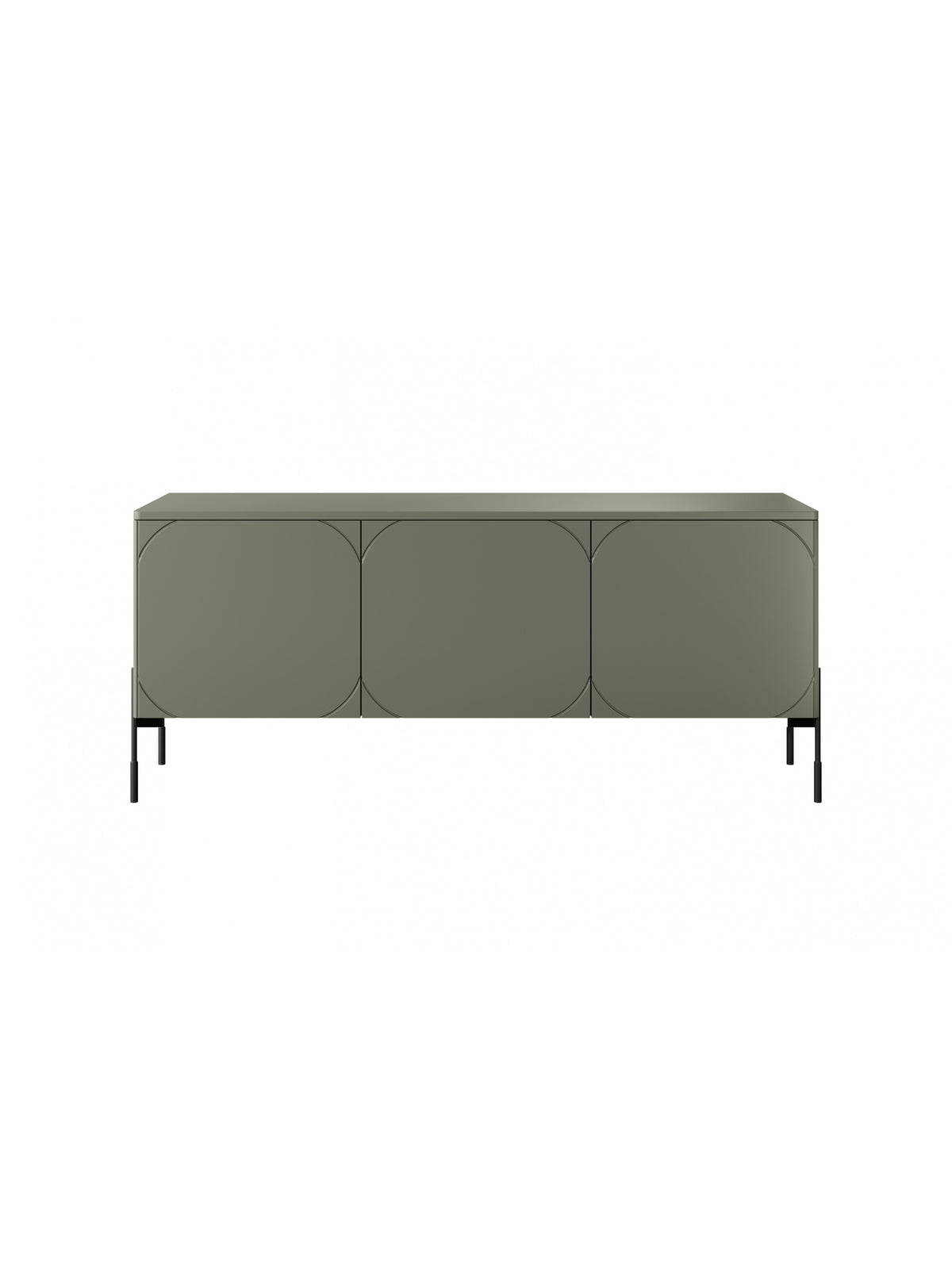 Comodă TV Sonatia 150 cm olive cu trei uși și sertar ascuns pe picioare metalice