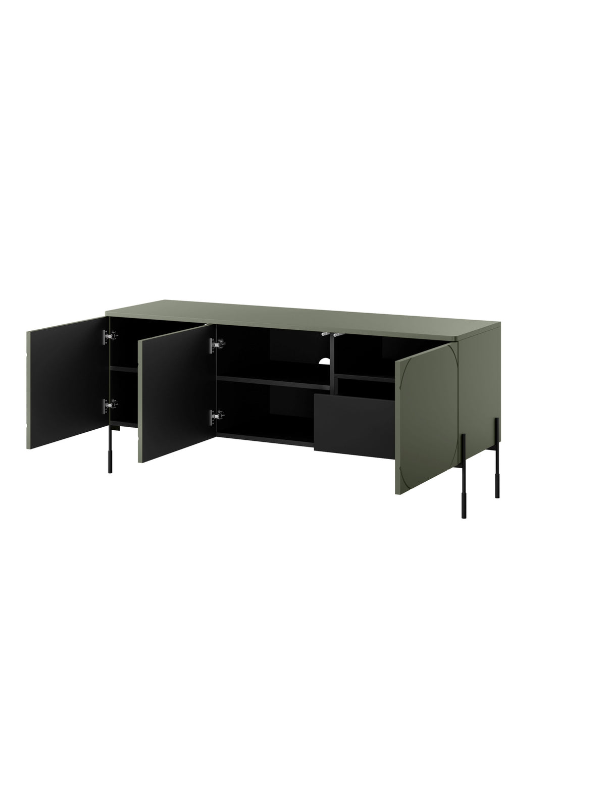 Comodă TV Sonatia 150 cm oliiv cu trei uși și sertar ascuns, picioare metalice negre