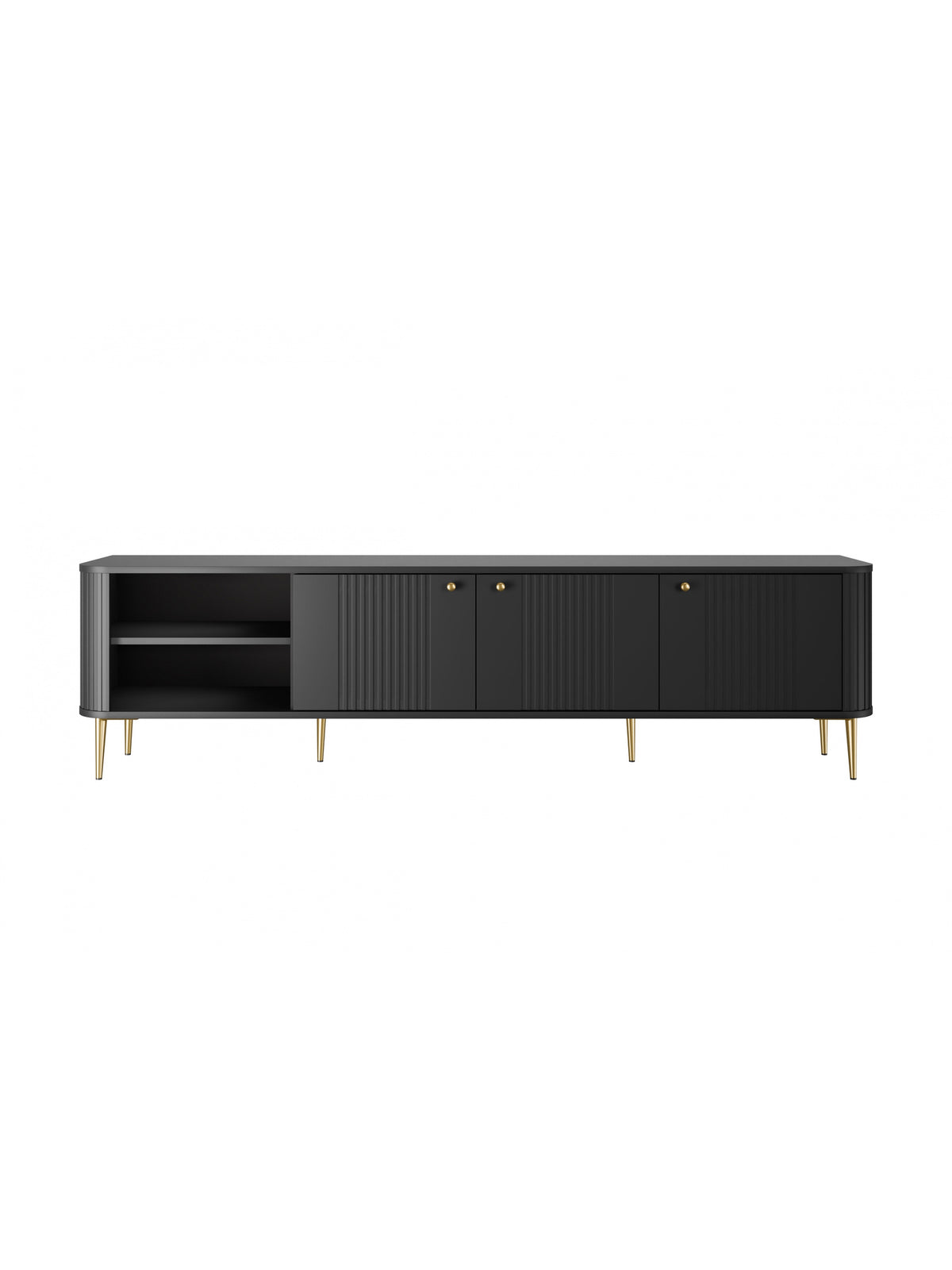 Comodă TV Vesper 3D neagră cu front striat și picioare drepte aurii, 187 cm