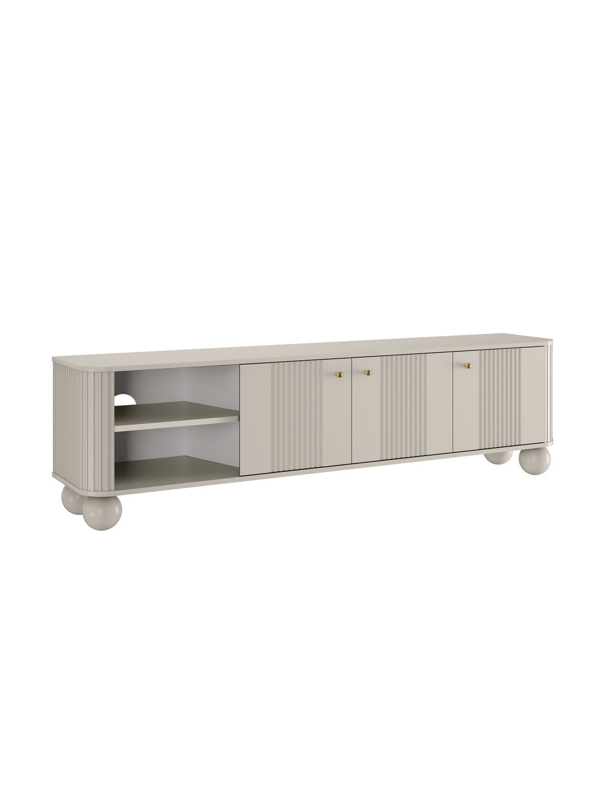 Comodă TV Vesper 187 cm cu trei uși, culoare cashmere, front canelat, mânere aurii, picioare rotunde