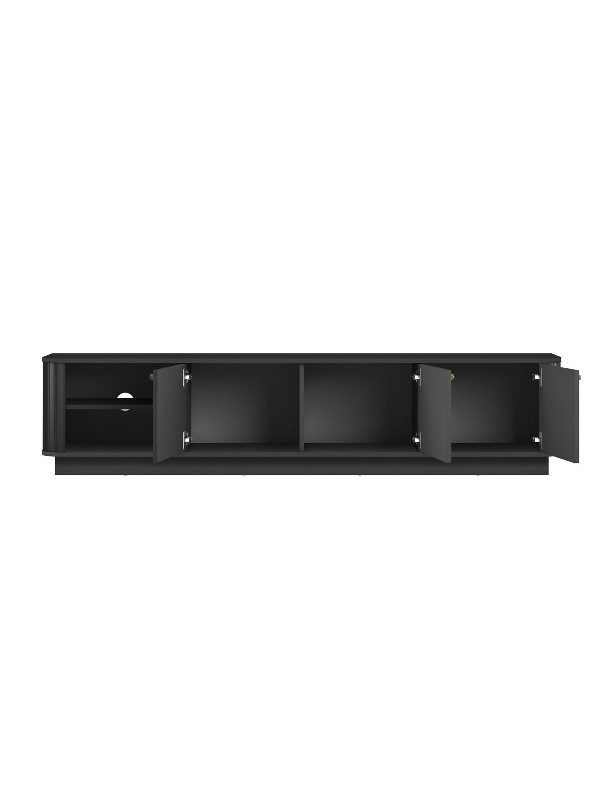 Comodă TV Vesper 3D neagră 187 cm cu trei uși cu nervuri și mânere aurii