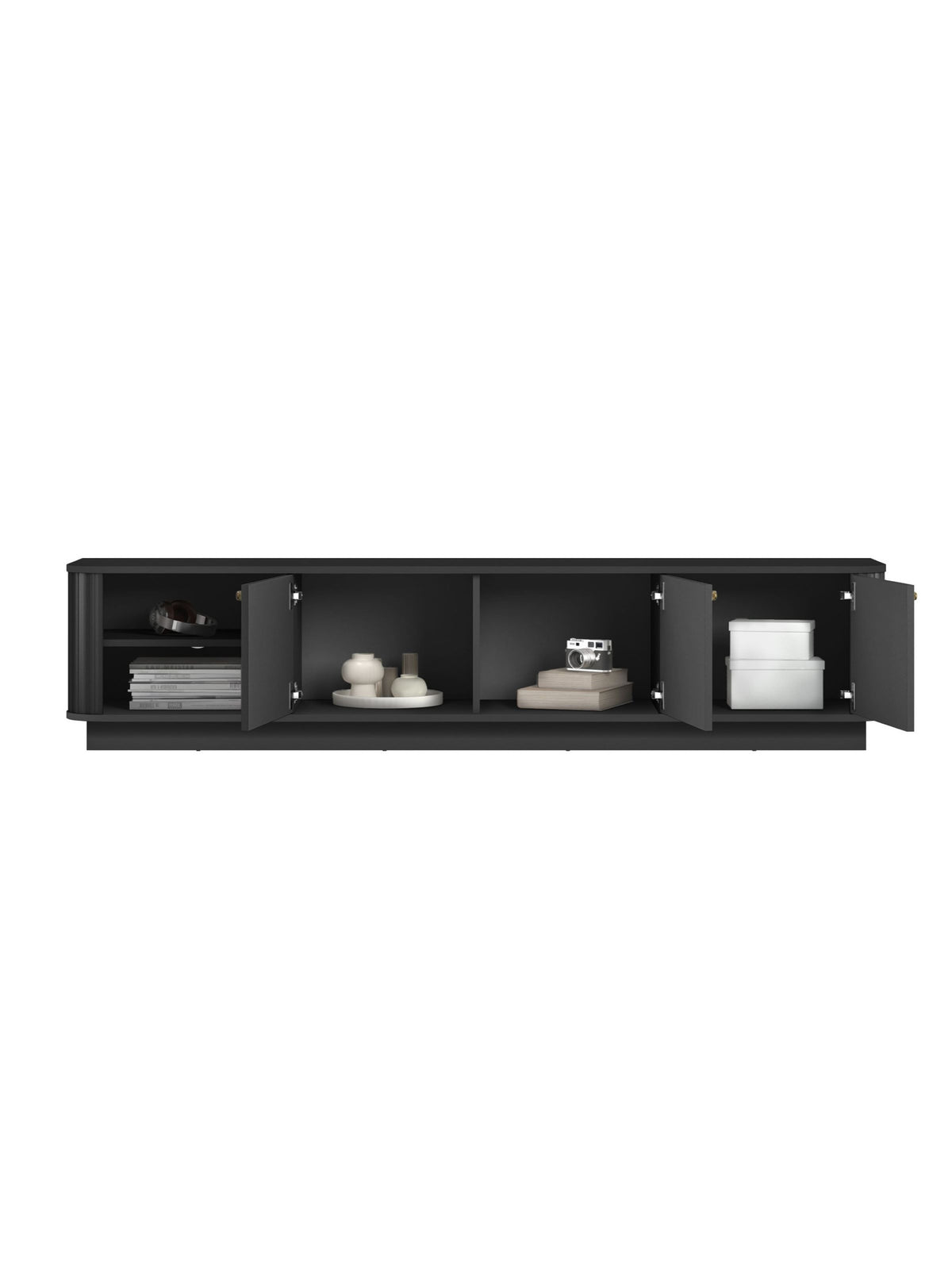 Comodă RTV neagră Vesper 3D 187 cm cu trei uși și mânere aurii, vedere frontală