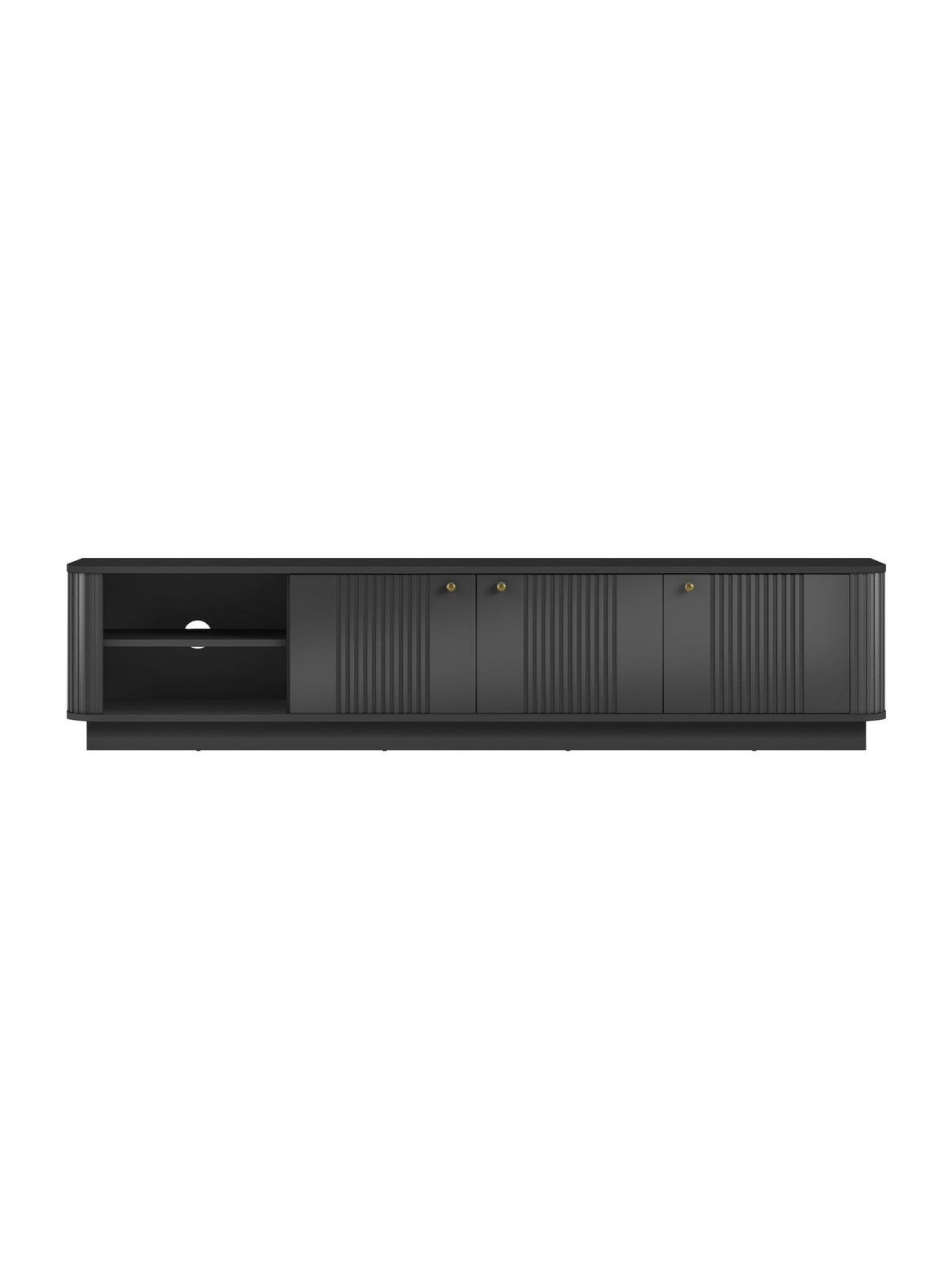 Comodă RTV Vesper 3D 187 cm neagră cu fronturi crestate și mânere aurii pe soclu