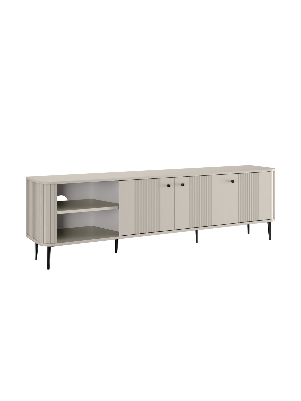 Dulap TV Vesper 3D 187 cm culoare cashmere cu picioare negre, vedere frontală cu trei uși