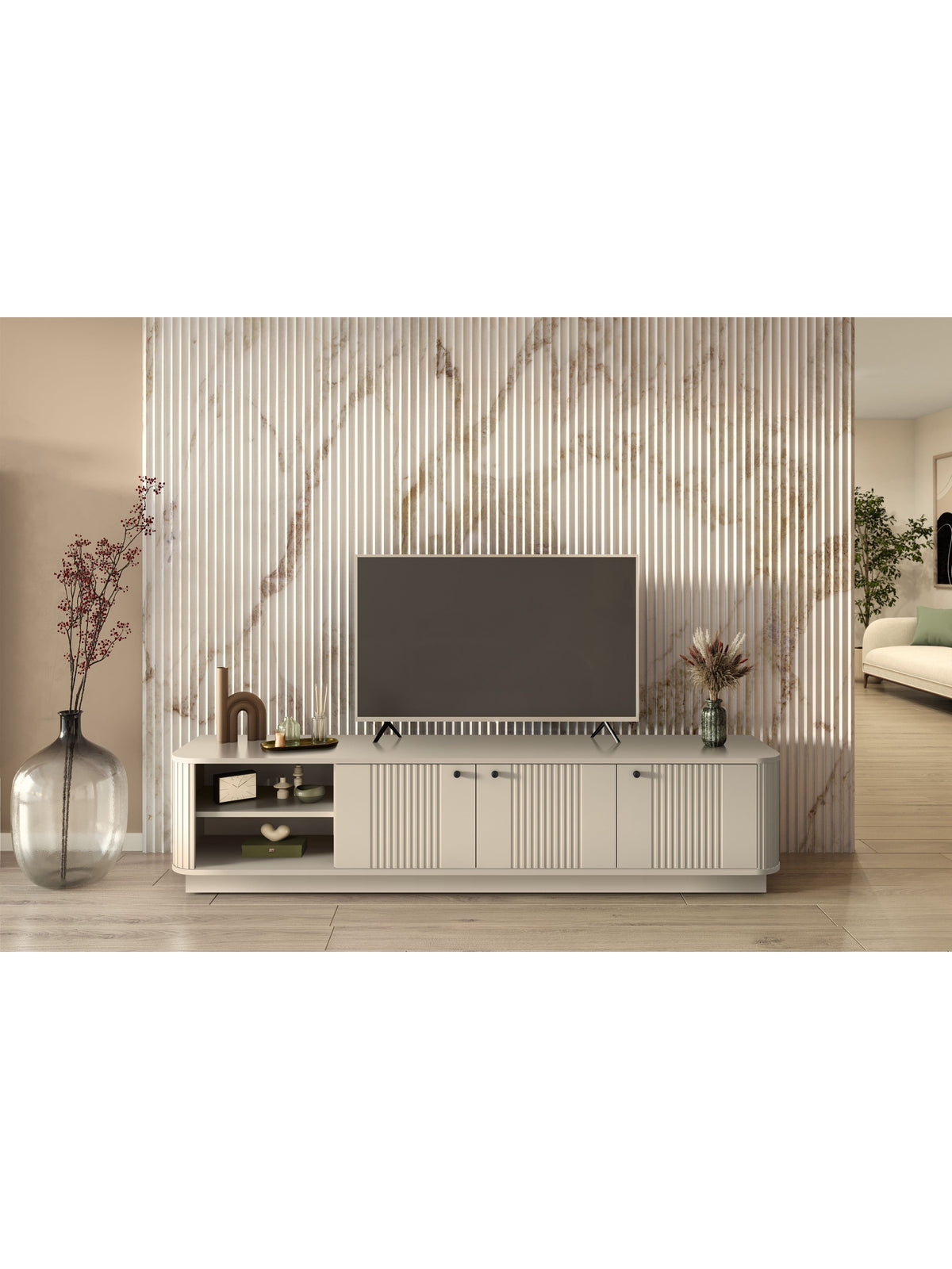 Comodă RTV Vesper 3D 187 cm casmir cu mânere negre și front cu caneluri