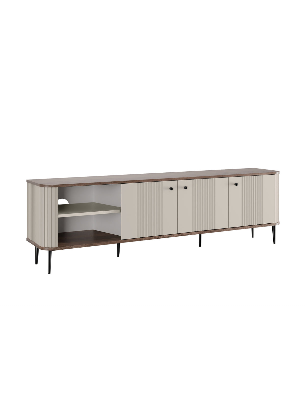 Comodă RTV Vesper 3D 187 cm culoare cașmir cu blat nuc și picioare negre, front canelat