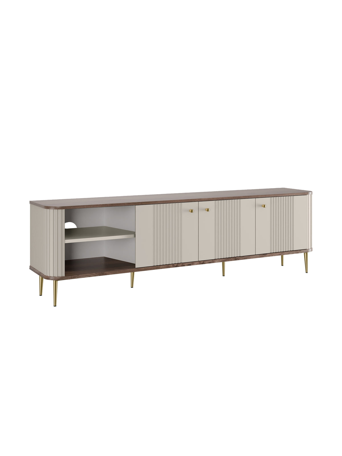 Comodă TV Vesper 3D 187 cm kasmir cu blat nuc și picioare aurii, front cu profiluri